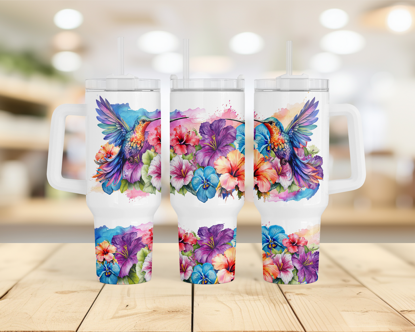 40oz Stainless Steel Tumbler with Vibrant Hummingbird Tropical Flower Design