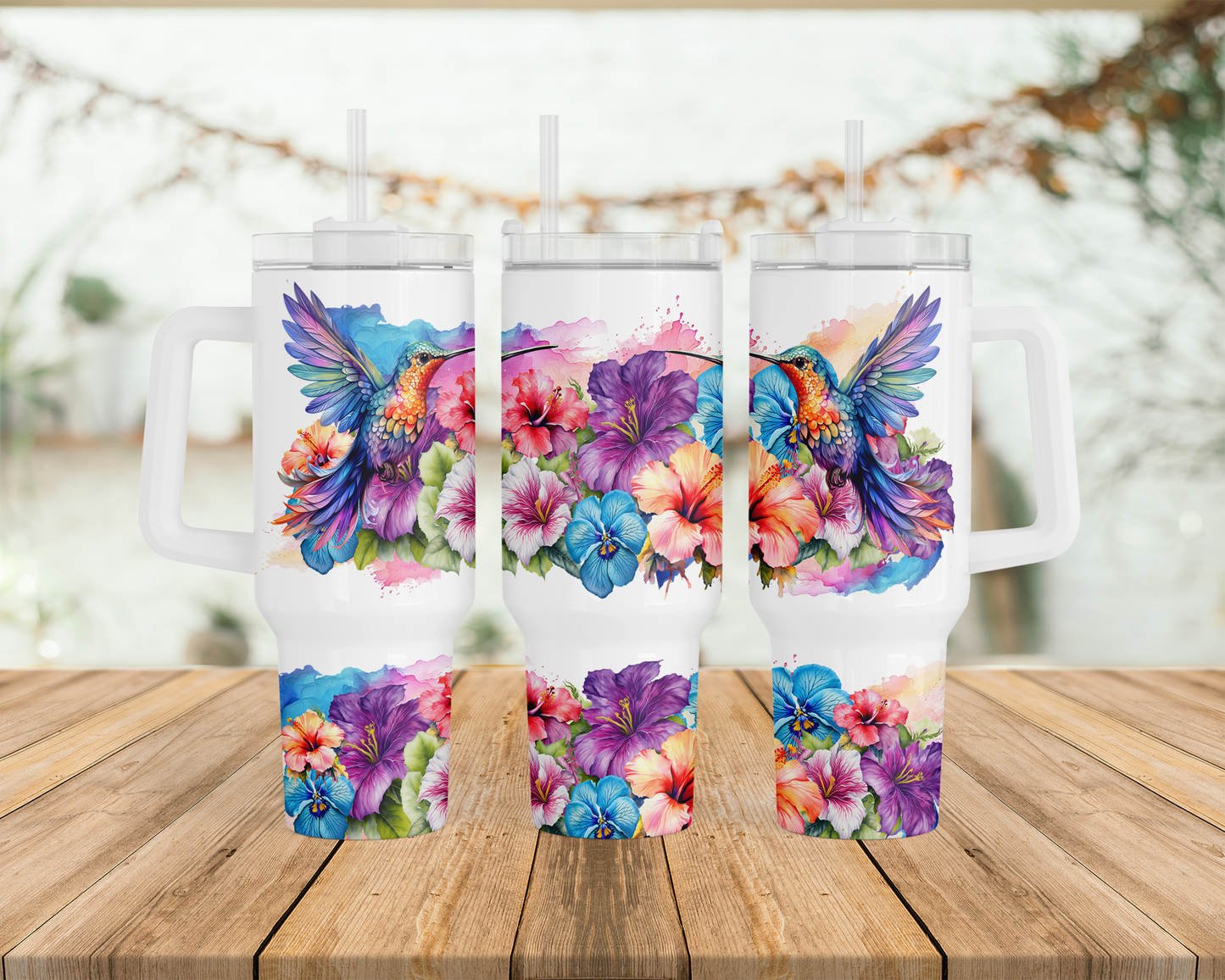 40oz Stainless Steel Tumbler with Vibrant Hummingbird Tropical Flower Design