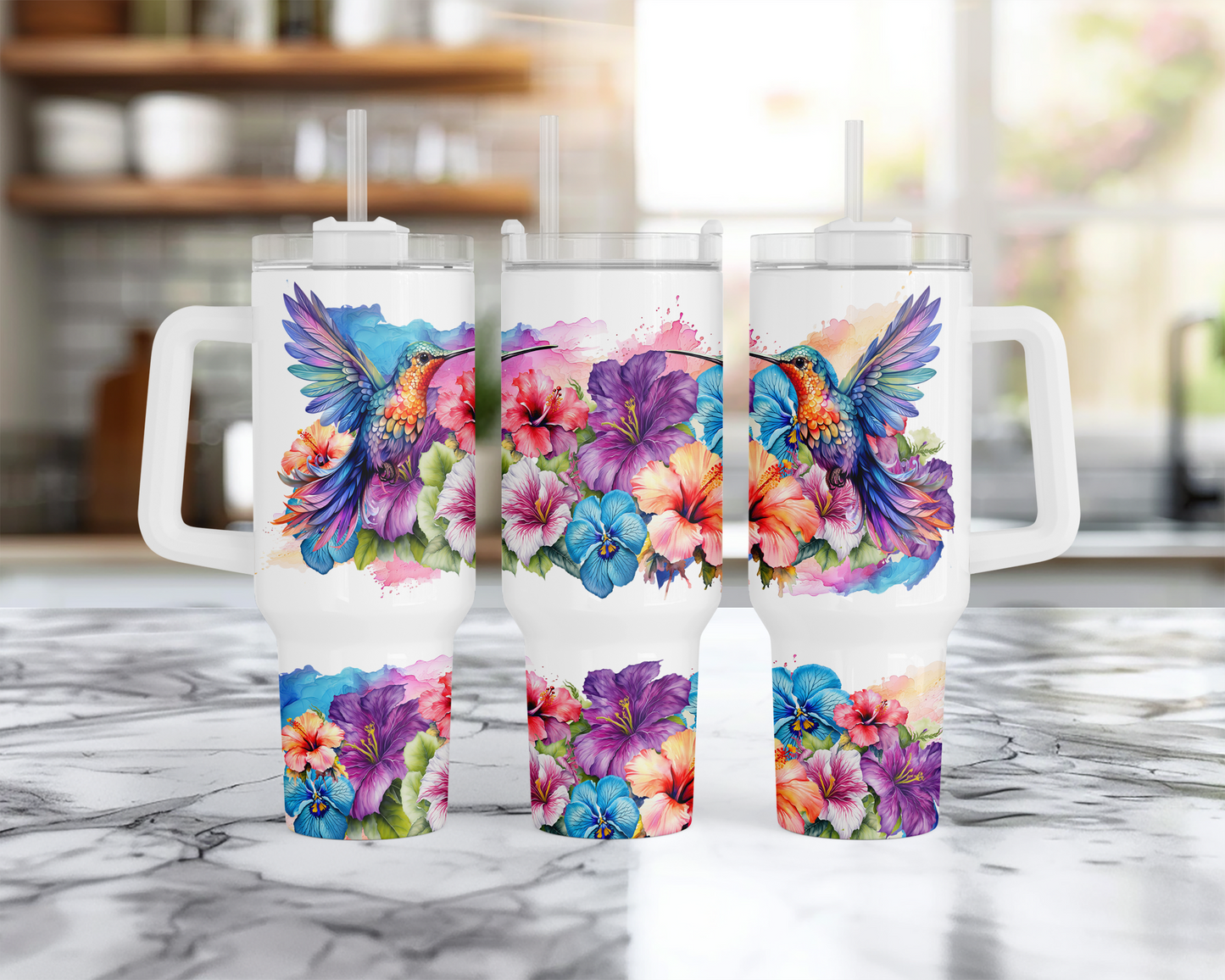 40oz Stainless Steel Tumbler with Vibrant Hummingbird Tropical Flower Design