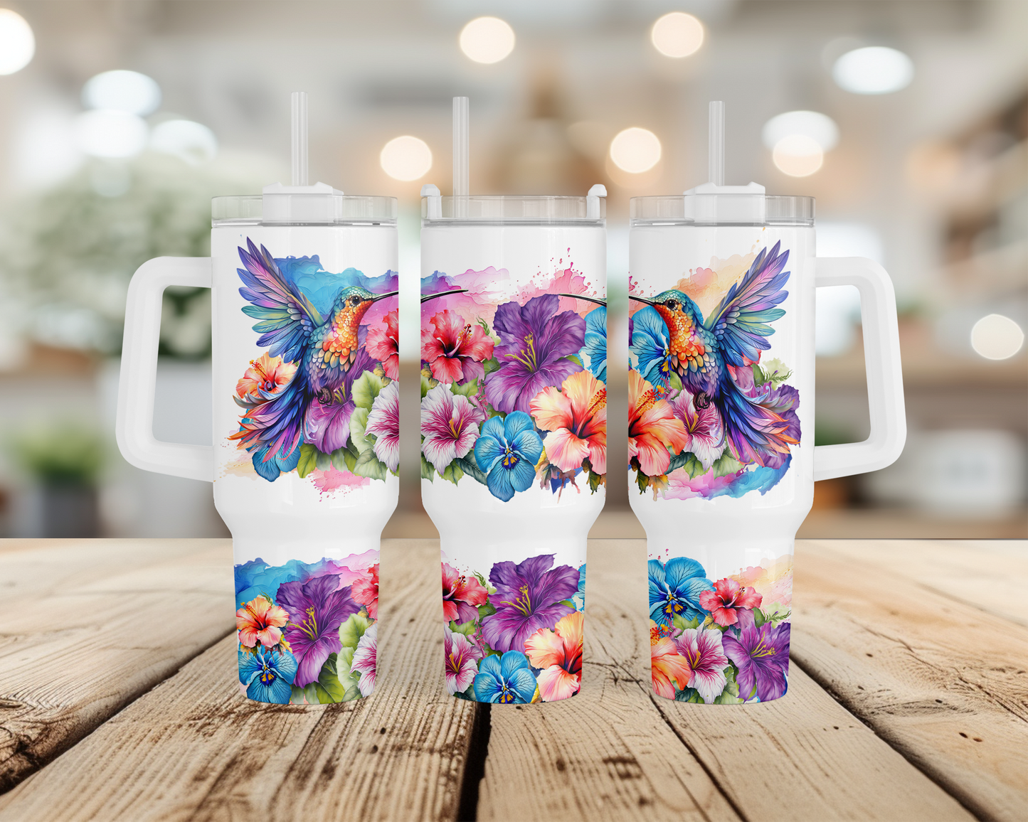 40oz Stainless Steel Tumbler with Vibrant Hummingbird Tropical Flower Design