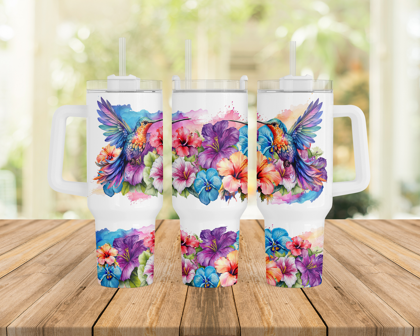 40oz Stainless Steel Tumbler with Vibrant Hummingbird Tropical Flower Design
