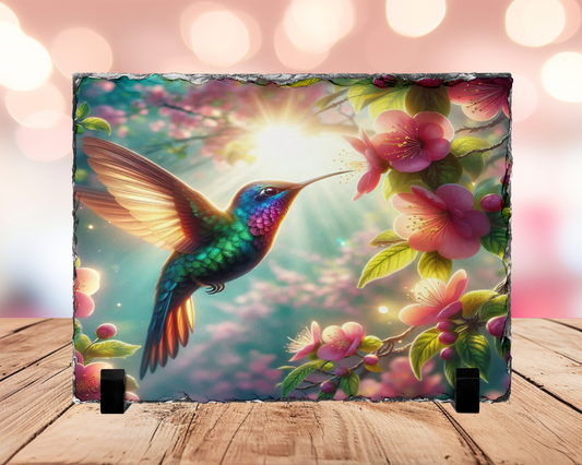 Hummingbird Photo Slate with Stand Featuring Pink Flower and Sunlight Design