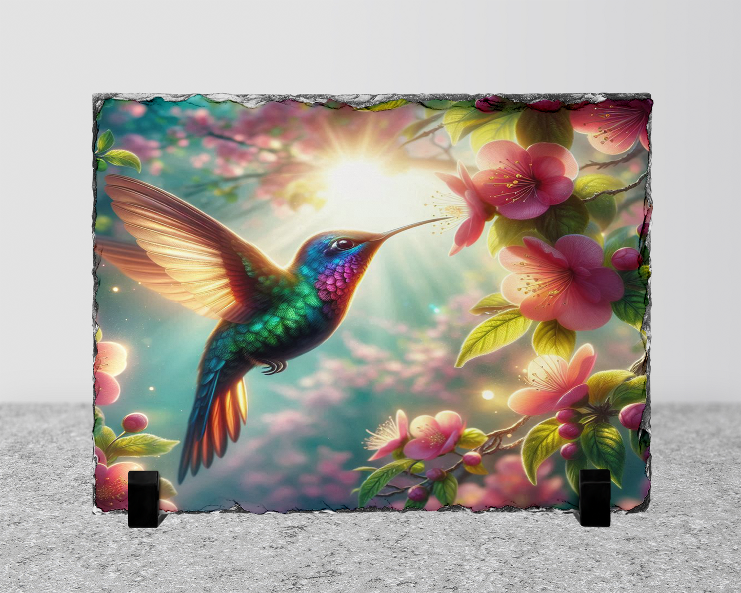 Hummingbird Photo Slate with Stand Featuring Pink Flower and Sunlight Design