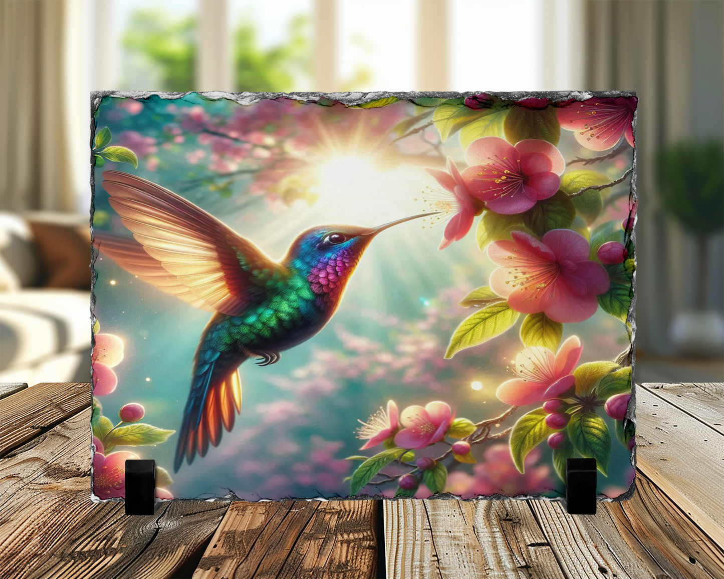 Hummingbird Photo Slate with Stand Featuring Pink Flower and Sunlight Design