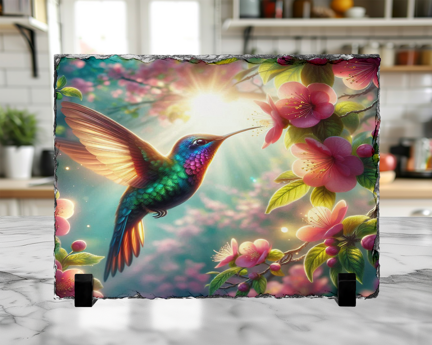 Hummingbird Photo Slate with Stand Featuring Pink Flower and Sunlight Design
