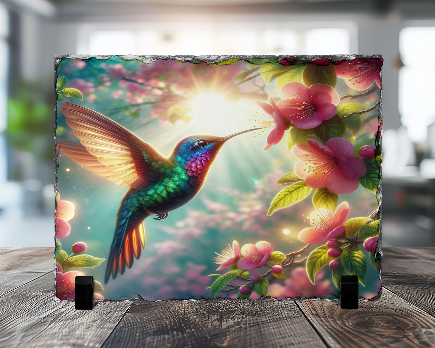 Hummingbird Photo Slate with Stand Featuring Pink Flower and Sunlight Design