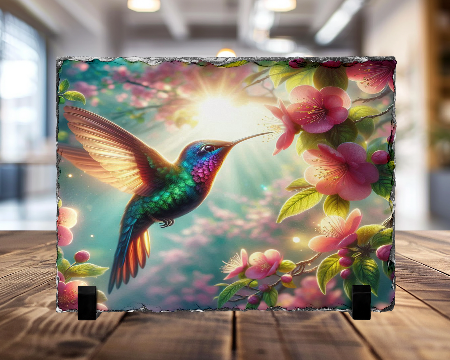 Hummingbird Photo Slate with Stand Featuring Pink Flower and Sunlight Design