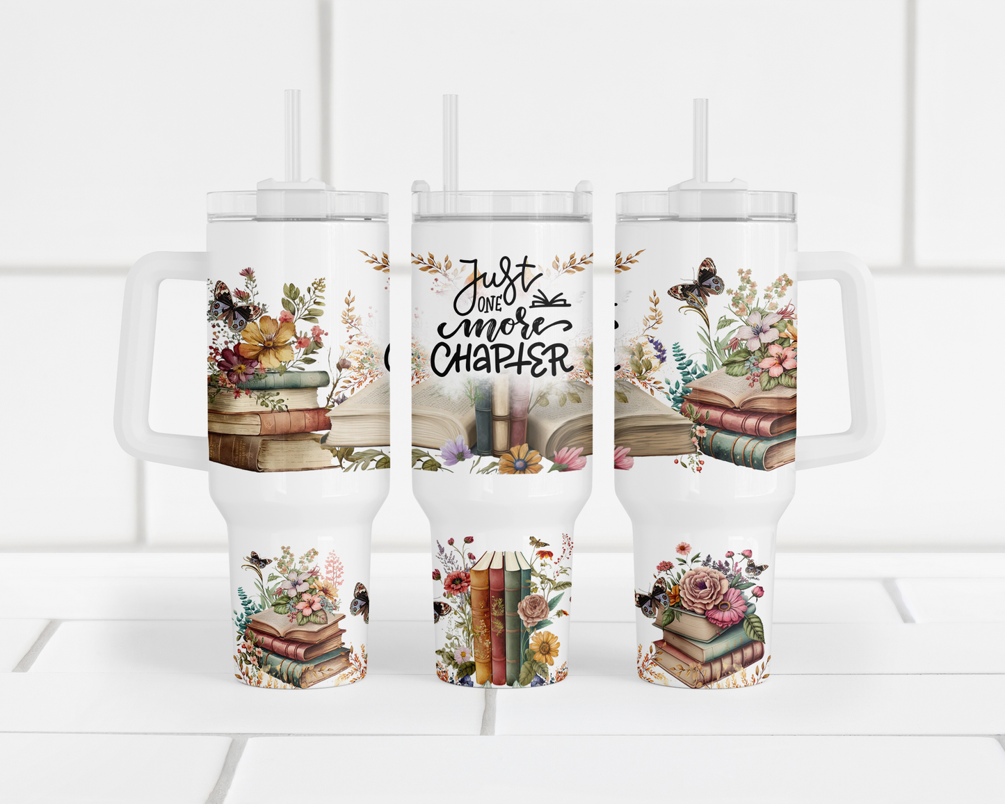 Just One More Chapter Tumbler, 40oz Stainless Steel with Glitter Finish, Books, Flowers, Butterflies, Unique Gift for Book Lover, Unique Cup
