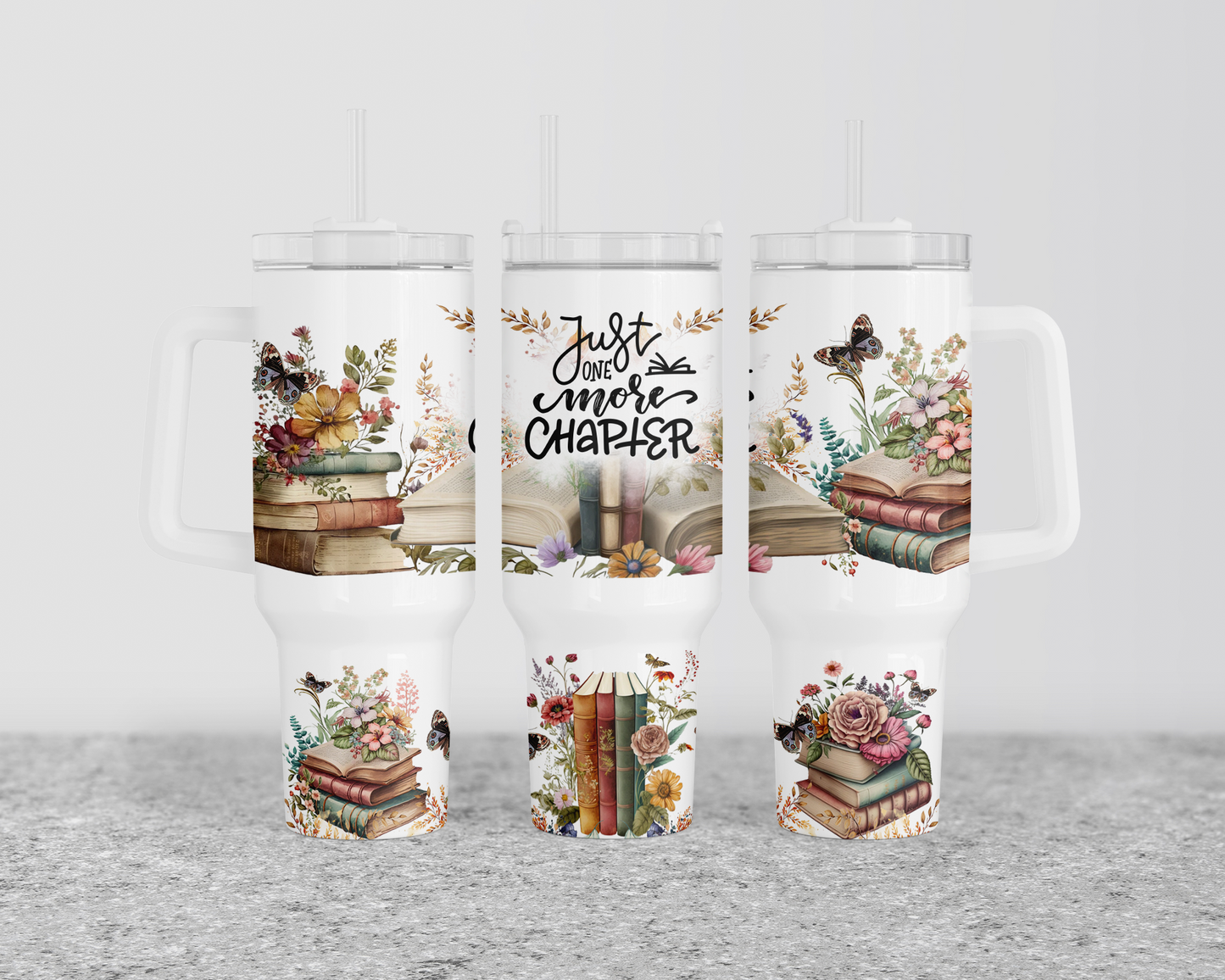 Just One More Chapter Tumbler, 40oz Stainless Steel with Glitter Finish, Books, Flowers, Butterflies, Unique Gift for Book Lover, Unique Cup