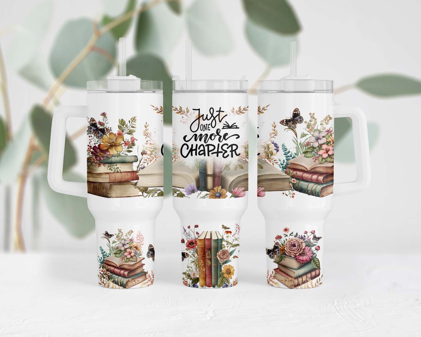 Just One More Chapter Tumbler, 40oz Stainless Steel with Glitter Finish, Books, Flowers, Butterflies, Unique Gift for Book Lover, Unique Cup