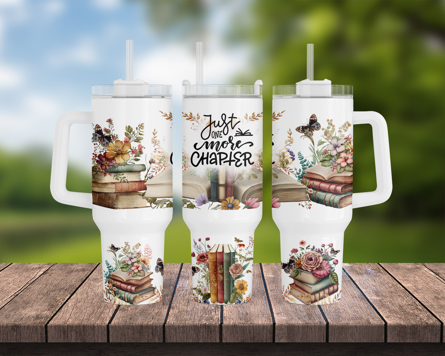 Just One More Chapter Tumbler, 40oz Stainless Steel with Glitter Finish, Books, Flowers, Butterflies, Unique Gift for Book Lover, Unique Cup