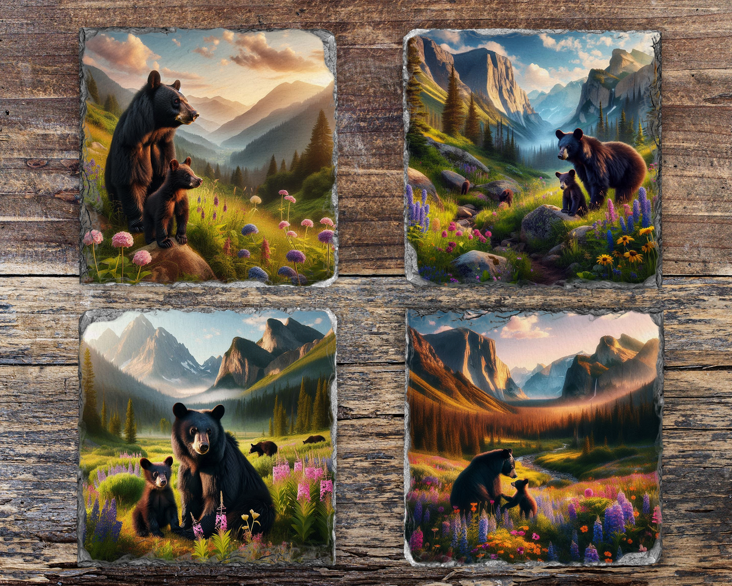 Rustic Slate Coaster Set - Mama Black Bear & Cub, Mountain Valley, Spring Flowers