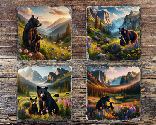 Rustic Slate Coaster Set - Mama Black Bear & Cub, Mountain Valley, Spring Flowers