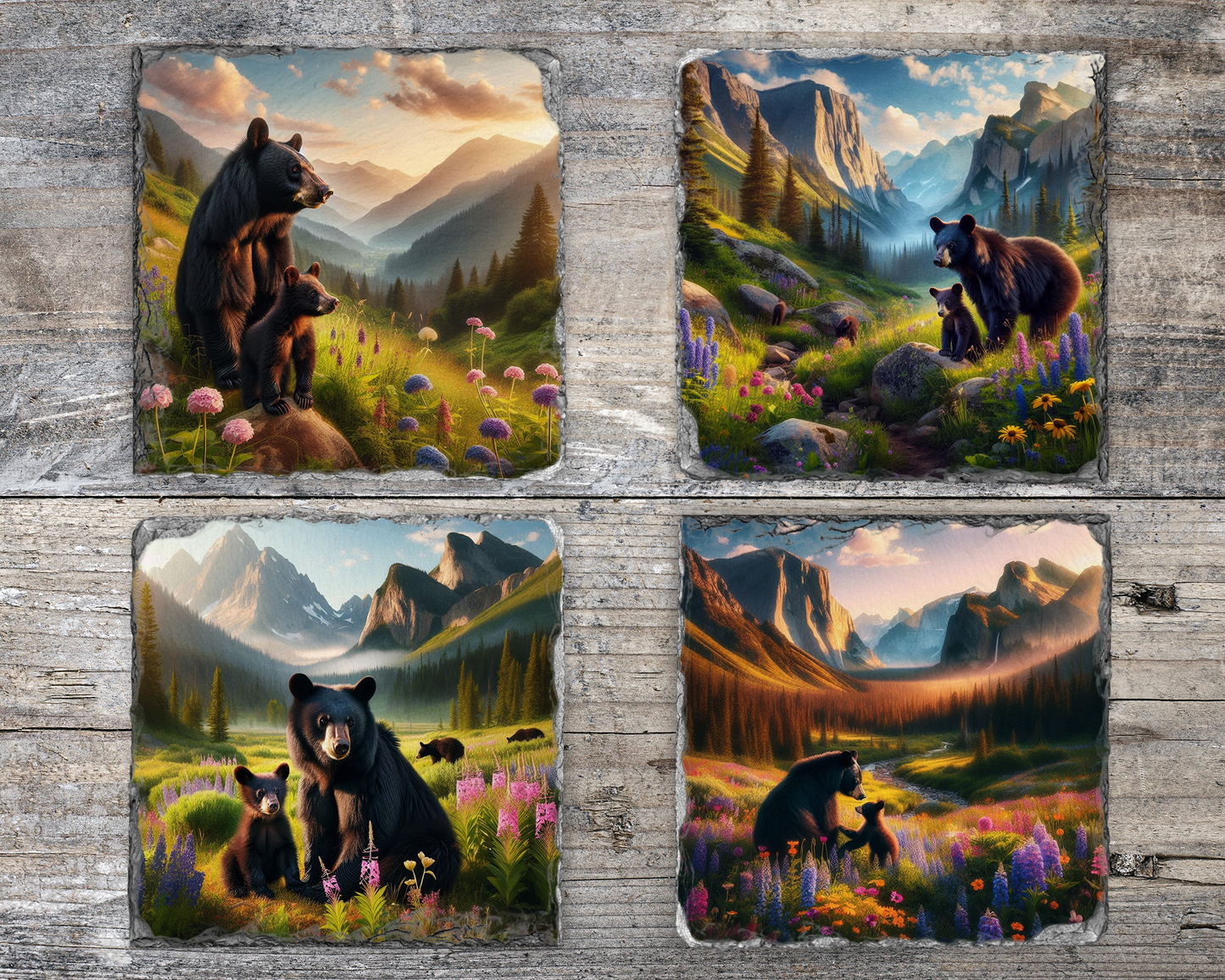 Rustic Slate Coaster Set - Mama Black Bear & Cub, Mountain Valley, Spring Flowers