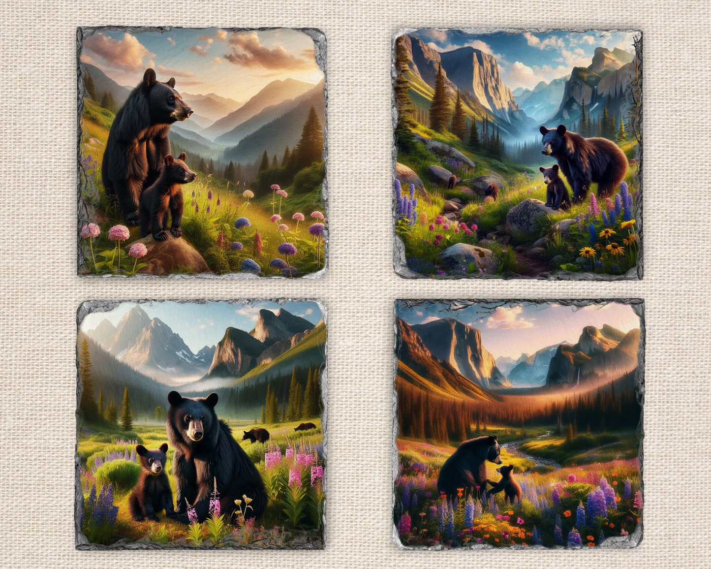Rustic Slate Coaster Set - Mama Black Bear & Cub, Mountain Valley, Spring Flowers