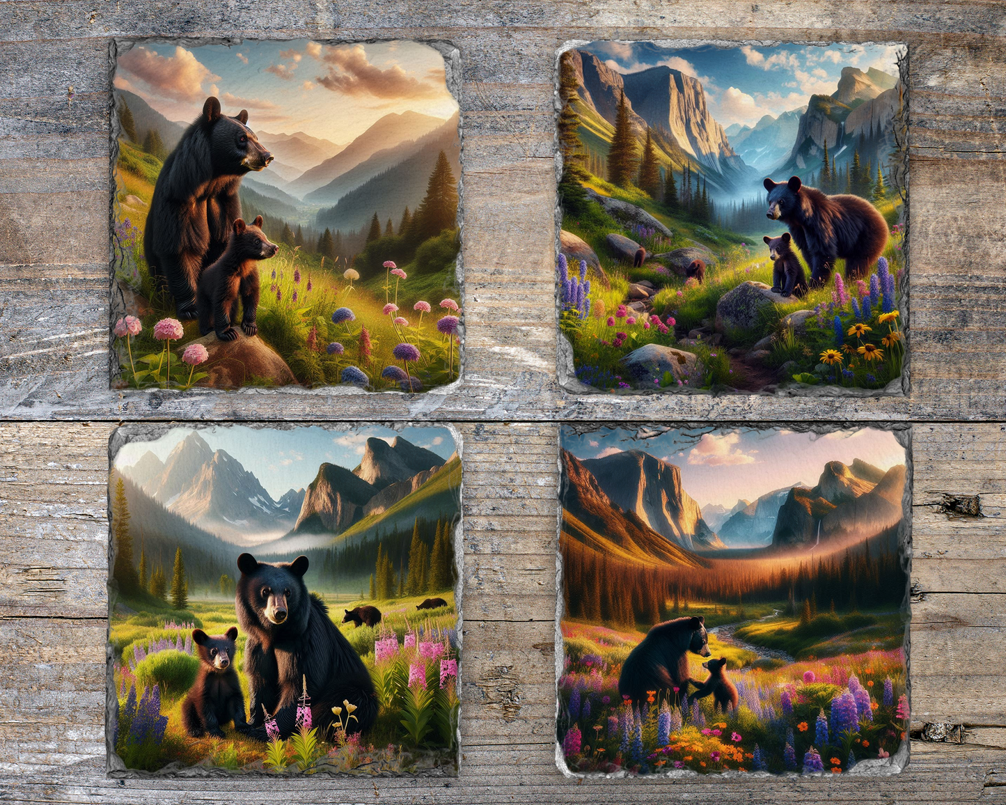 Unique Slate Coasters with Black Bear & Cub, Mountain Valley, Spring Flowers - Set of 4