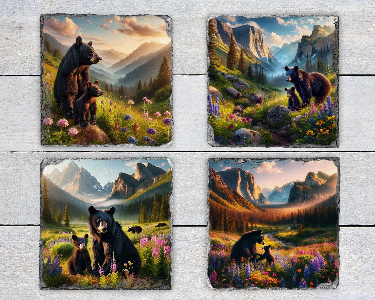 Unique Slate Coasters with Black Bear & Cub, Mountain Valley, Spring Flowers - Set of 4