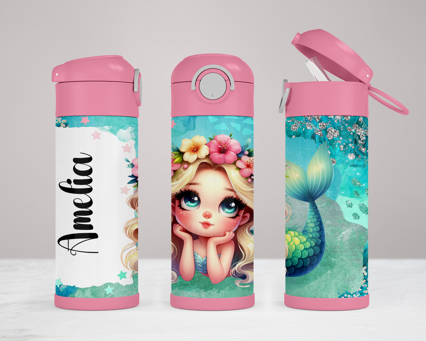 Personalized Mermaid Kids Water Bottle - 12oz Flip Top Hydration Bottle for School On-the-Go Gifts