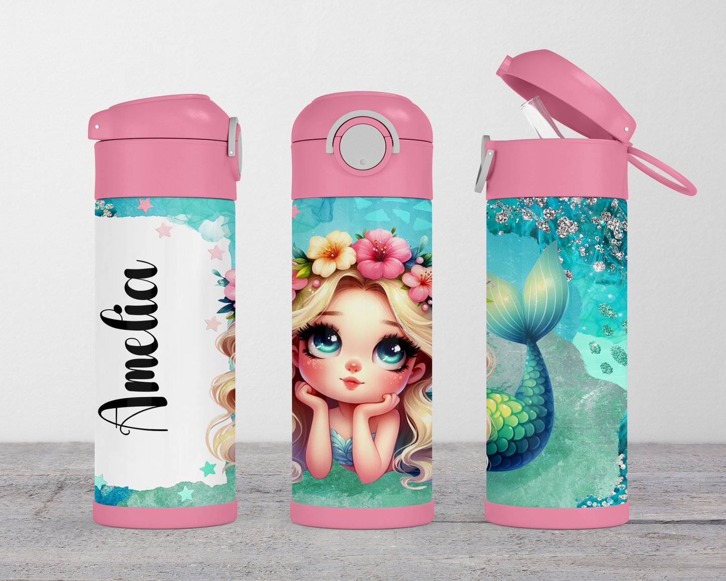 Personalized Mermaid Kids Water Bottle - 12oz Flip Top Hydration Bottle for School On-the-Go Gifts