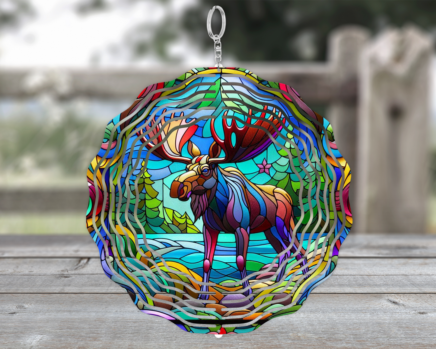 Majestic Moose Faux Stained Glass Wind Spinner - Riverbank Pine Trees Decor