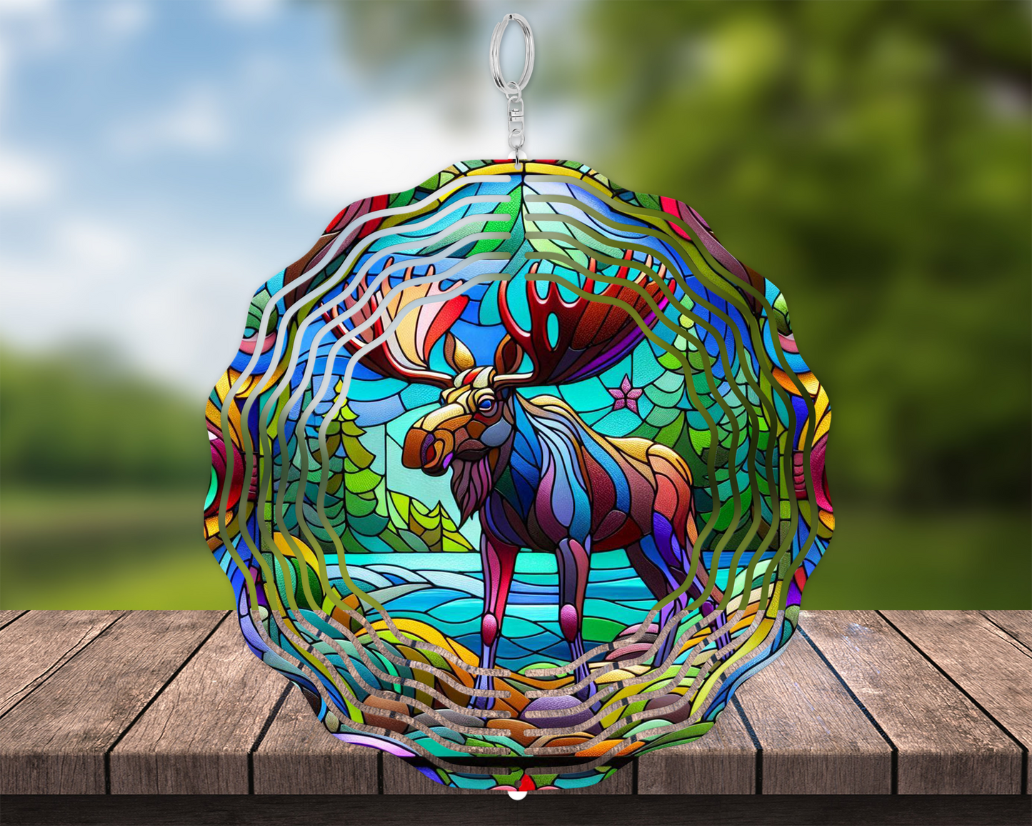 Majestic Moose Faux Stained Glass Wind Spinner - Riverbank Pine Trees Decor