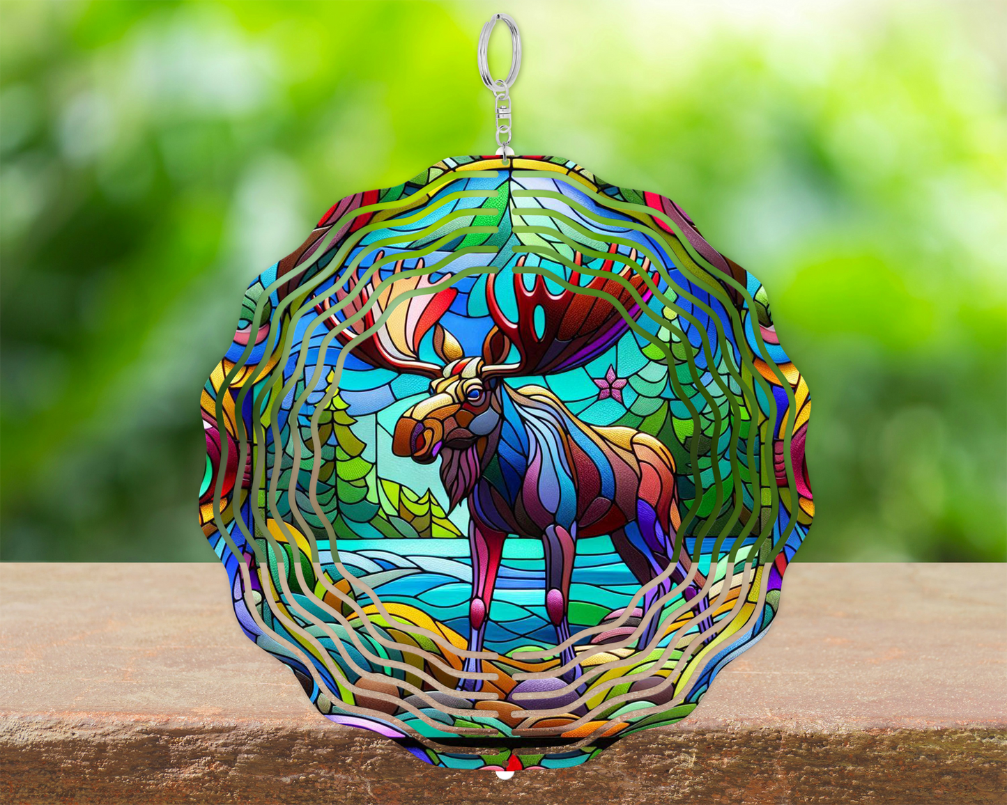 3D Moose on Riverbank Stained Glass Wind Spinner - Vibrant Home Decor
