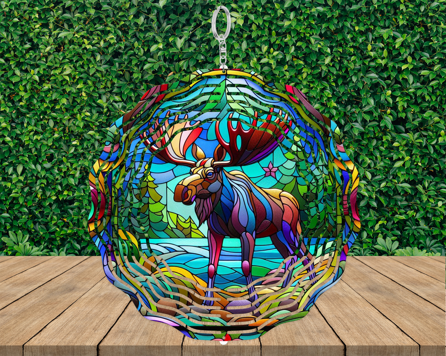 Handmade Moose Pine Trees Faux Stained Glass Spinner - Nature Inspired Art