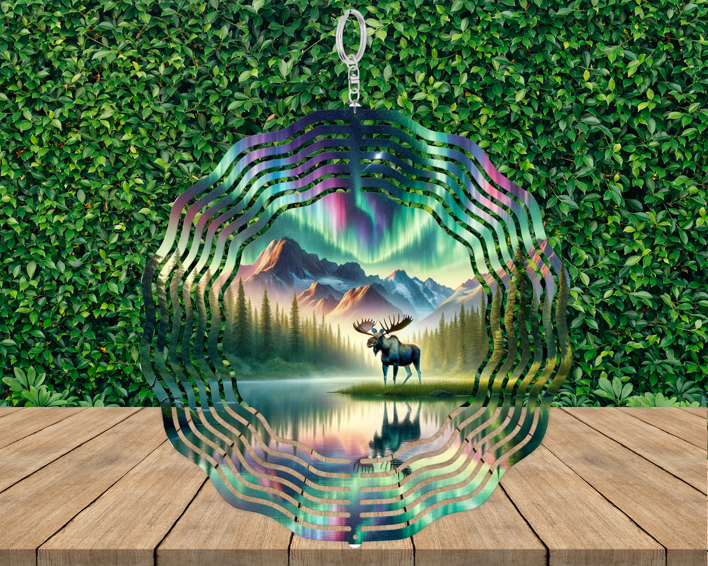 Moose Northern Lights Double-Sided Metal Wind Spinner for Yard or Porch - Unique Mothers Day Housewarming Gift