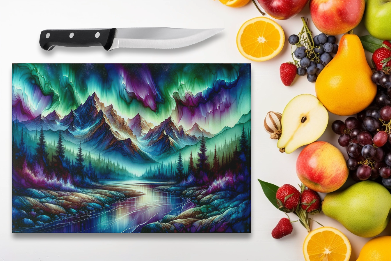 Glass Cutting Board with Mountain Northern Lights Design - Perfect Gift for Outdoor Lovers