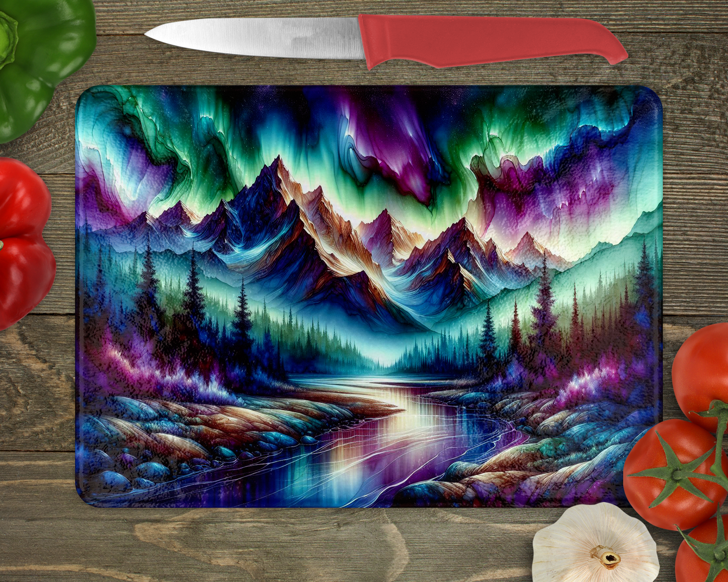 Glass Cutting Board with Mountain Northern Lights Design - Perfect Gift for Outdoor Lovers