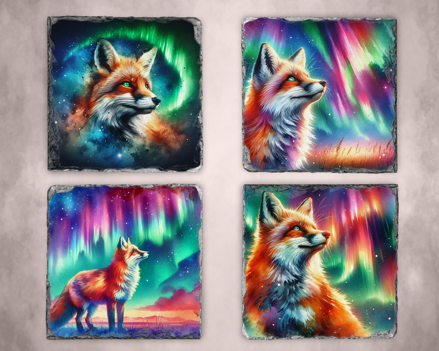 Unique Slate Coasters with Fox and Aurora Borealis Art - Set of 4