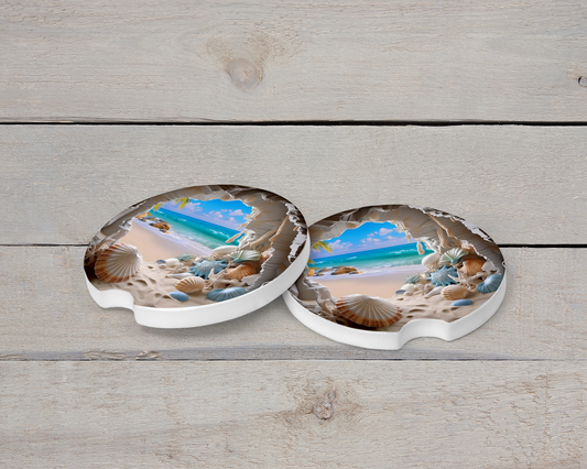 Coastal Car Coasters - Colorful Ceramic Set of 2 with Waves and Shells
