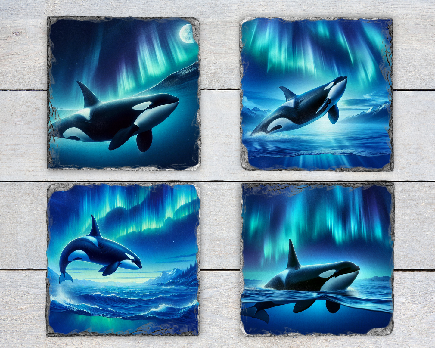 Orca Whale & Northern Lights Slate Coaster Set - Set of 4 Unique Images