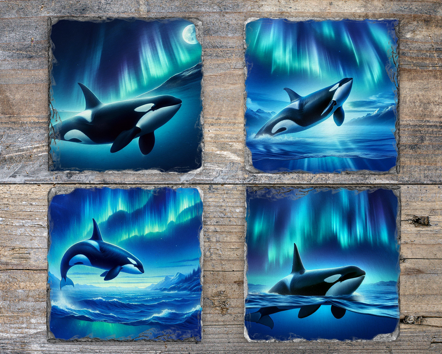 Northern Lights & Orca Whale Slate Coaster Set - Set of 4 Different Designs