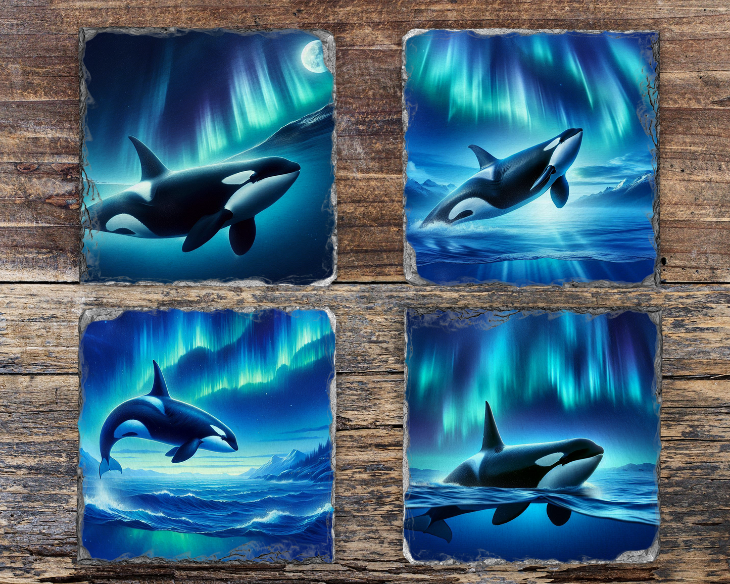 Northern Lights & Orca Whale Slate Coaster Set - Set of 4 Different Designs