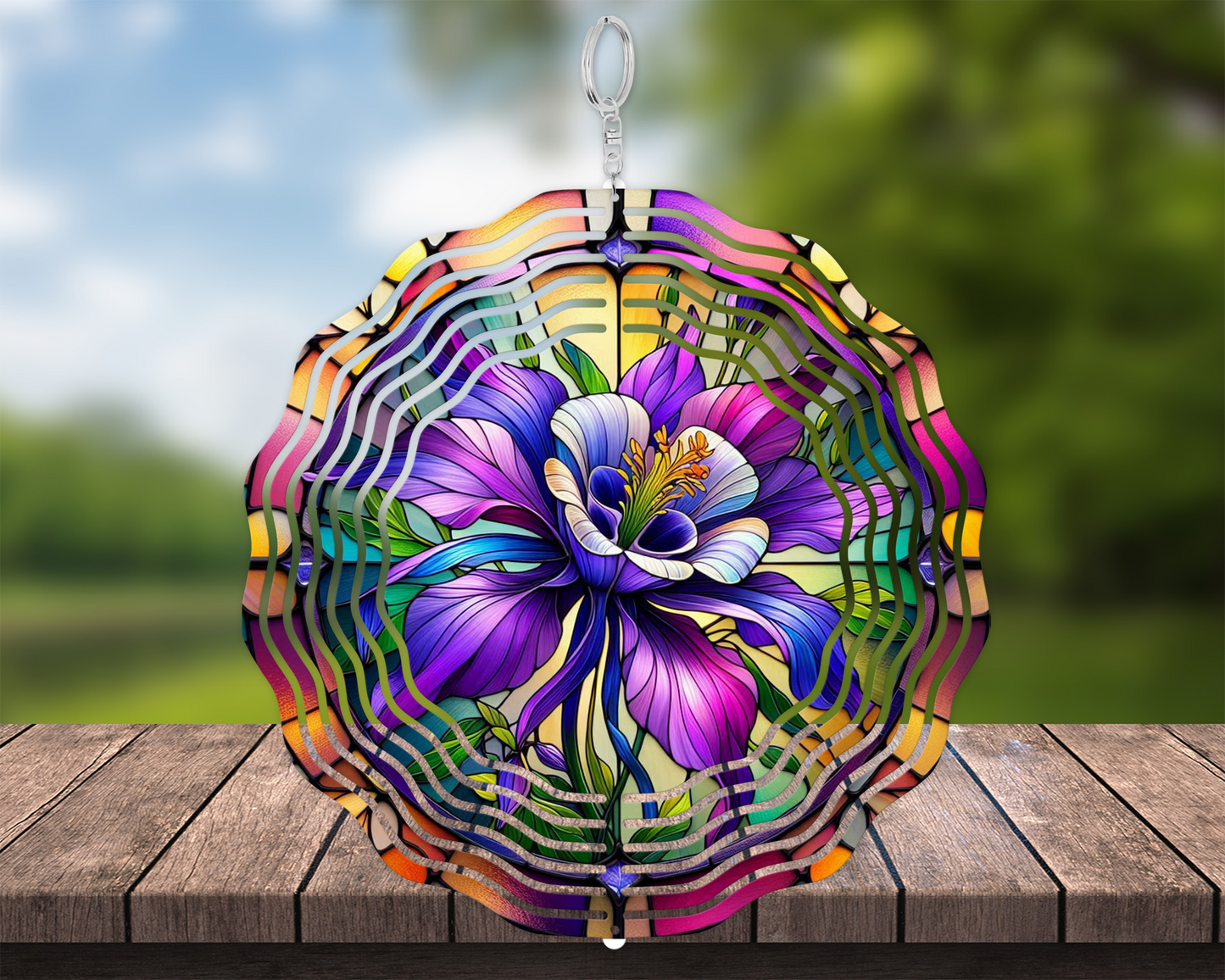 Handcrafted Purple Columbine Flower Faux Stained Glass Wind Spinner