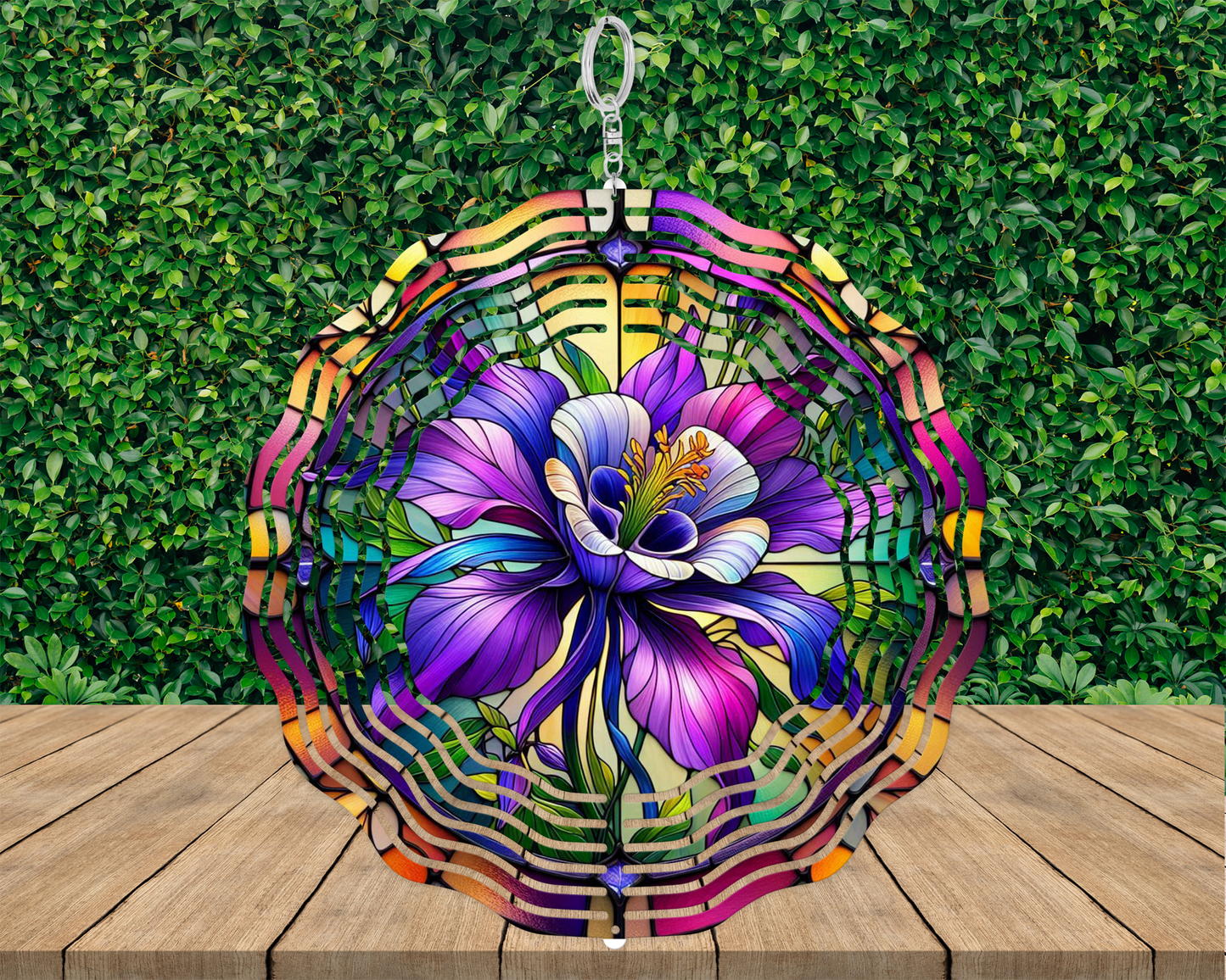 Colorful 3D Spinner with Purple Columbine Flower - Stained Glass Style