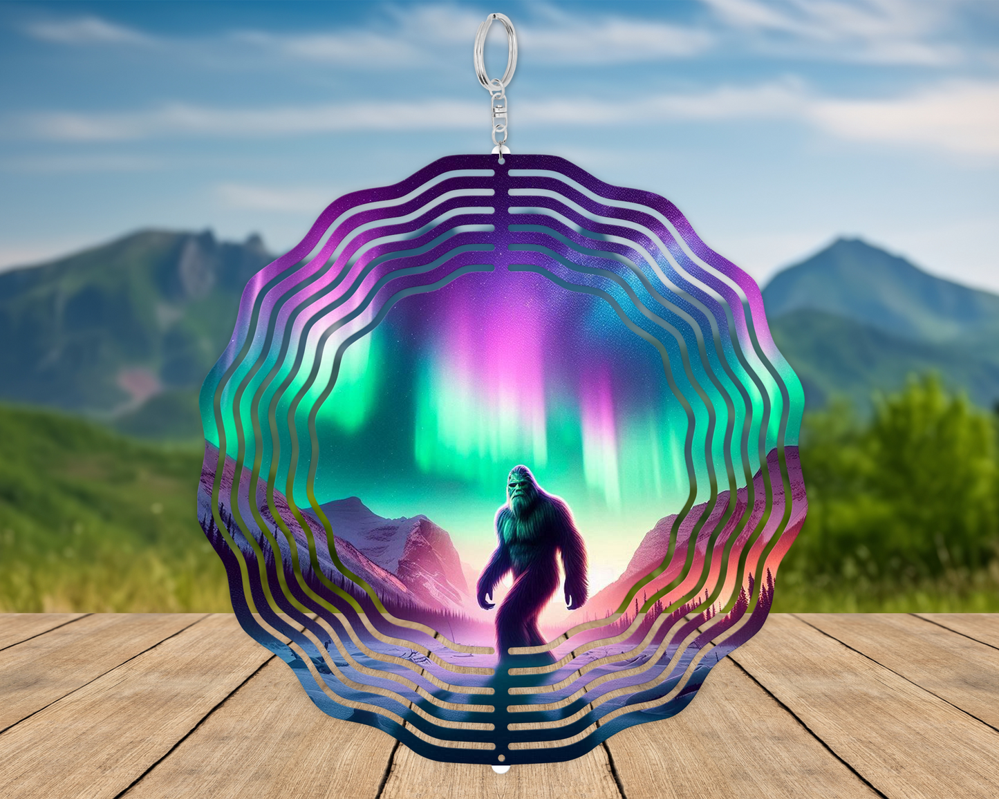 Sasquatch Wind Spinner - Northern Lights Design Perfect Gift for Bigfoot Enthusiasts Unique Hanging Porch Decor Yard Art