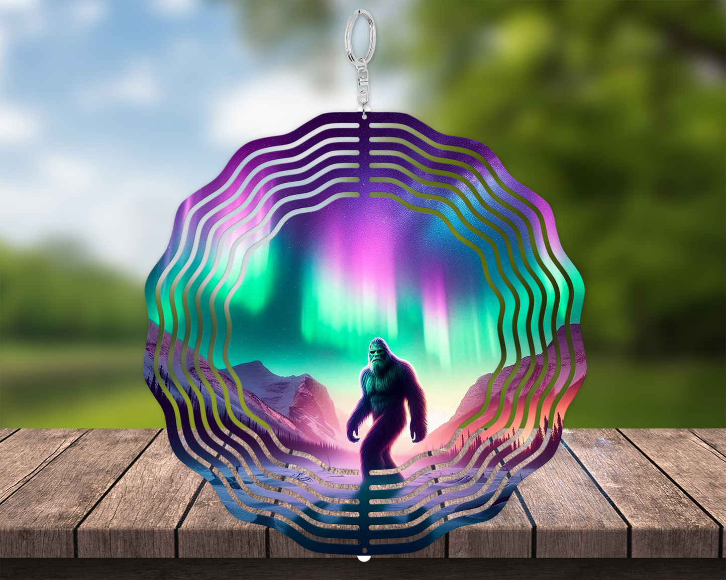 Sasquatch Wind Spinner - Northern Lights Design Perfect Gift for Bigfoot Enthusiasts Unique Hanging Porch Decor Yard Art