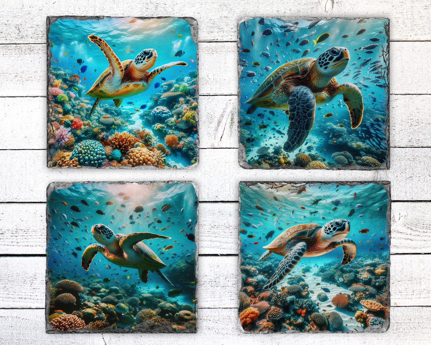 Slate Coasters with Unique Ocean Images - Set of 4 Sea Turtle Coasters