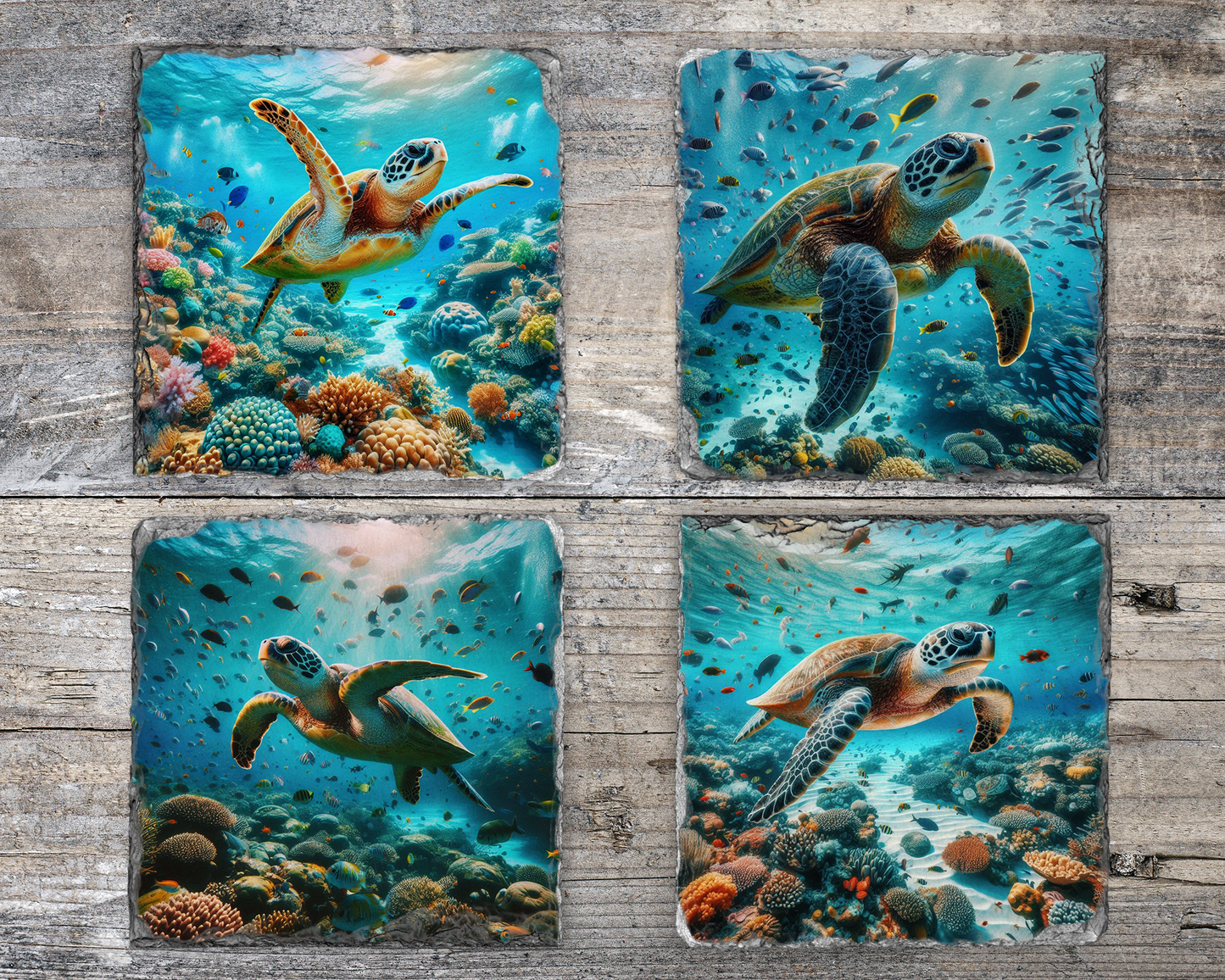 Sea Turtle and Ocean Theme Slate Coasters - Set of 4 Unique Designs