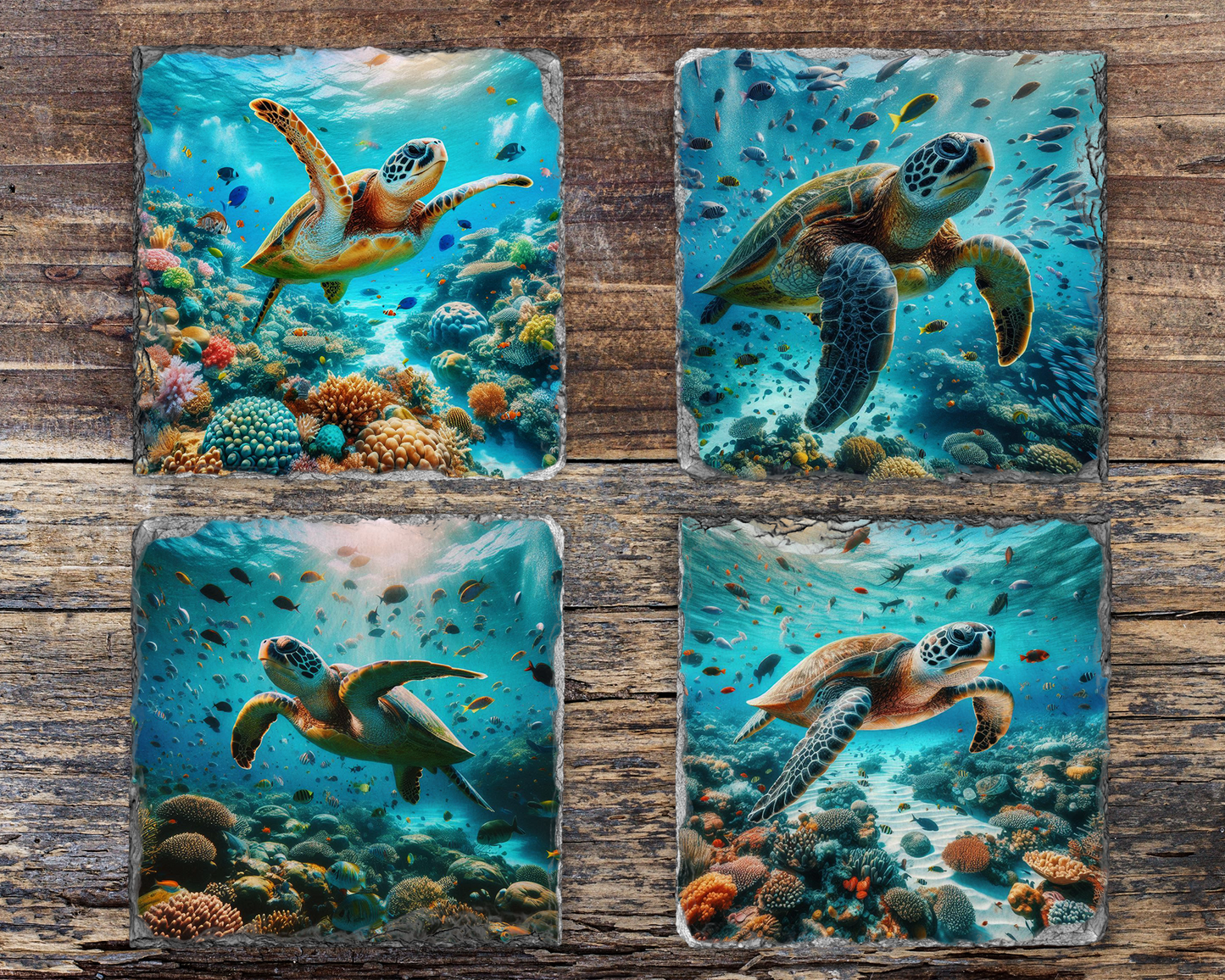 Sea Turtle and Ocean Theme Slate Coasters - Set of 4 Unique Designs