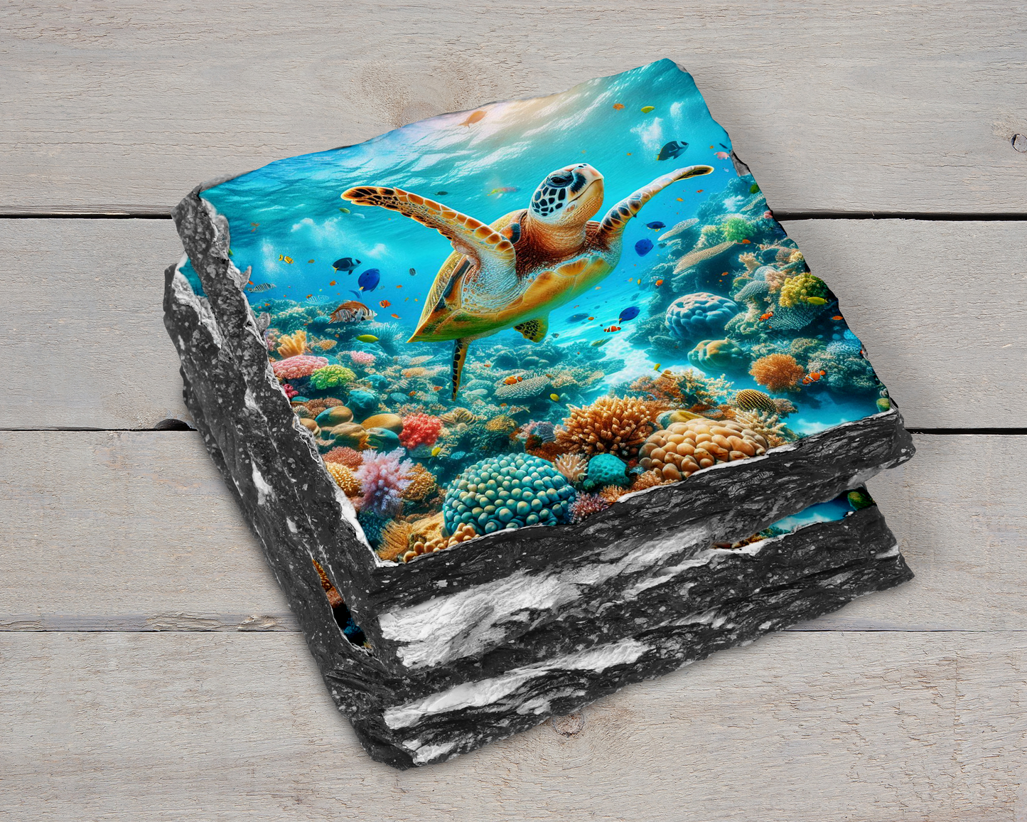 Ocean-Themed Slate Coasters Set of 4 with Unique Sea Turtle Designs