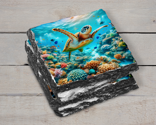 Ocean-Themed Slate Coasters Set of 4 with Unique Sea Turtle Designs