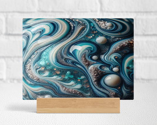 Tempered Glass Cutting Board with Teal White  Silver Marble Agate Design