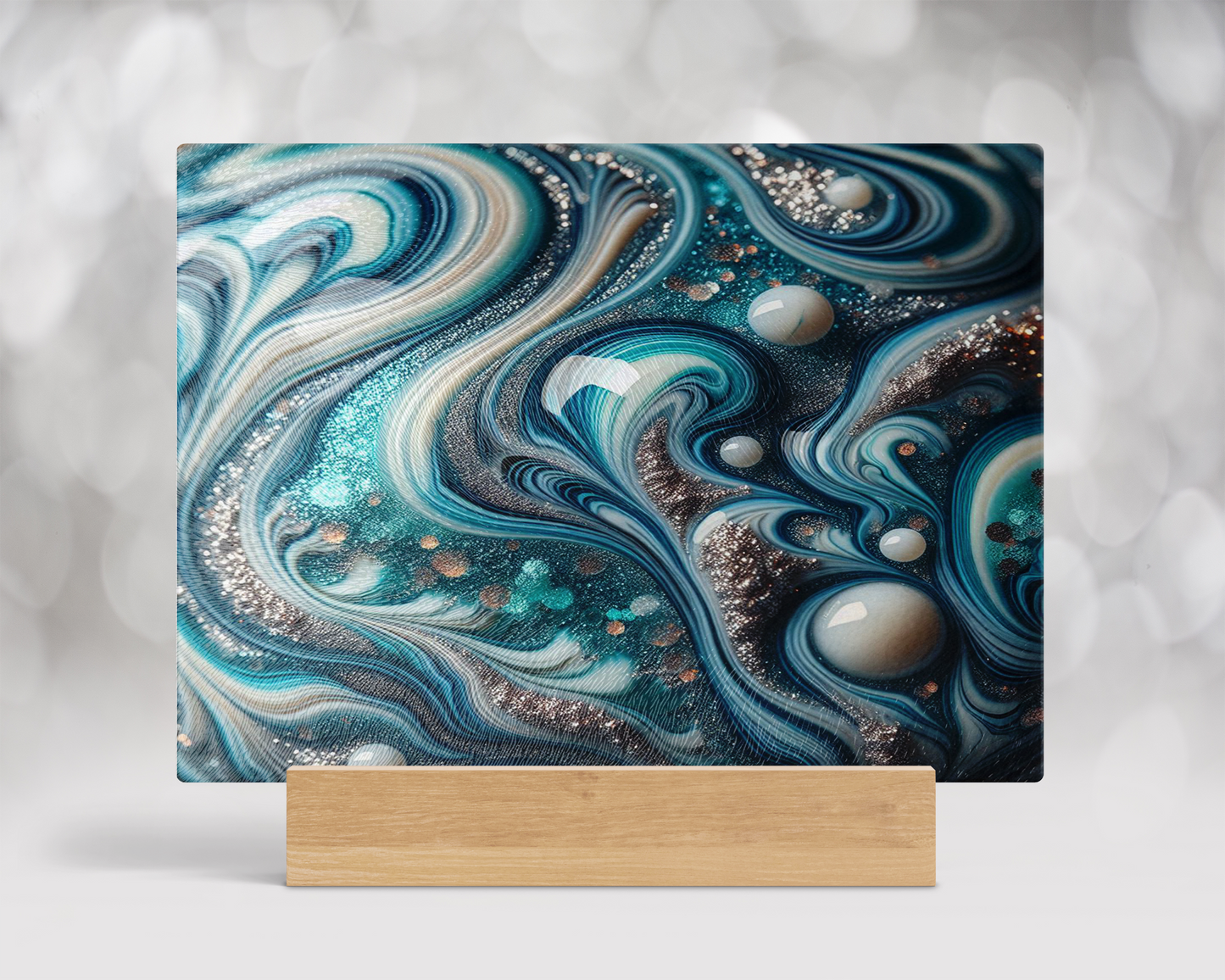 Tempered Glass Cutting Board with Teal White Silver Marble Agate Design