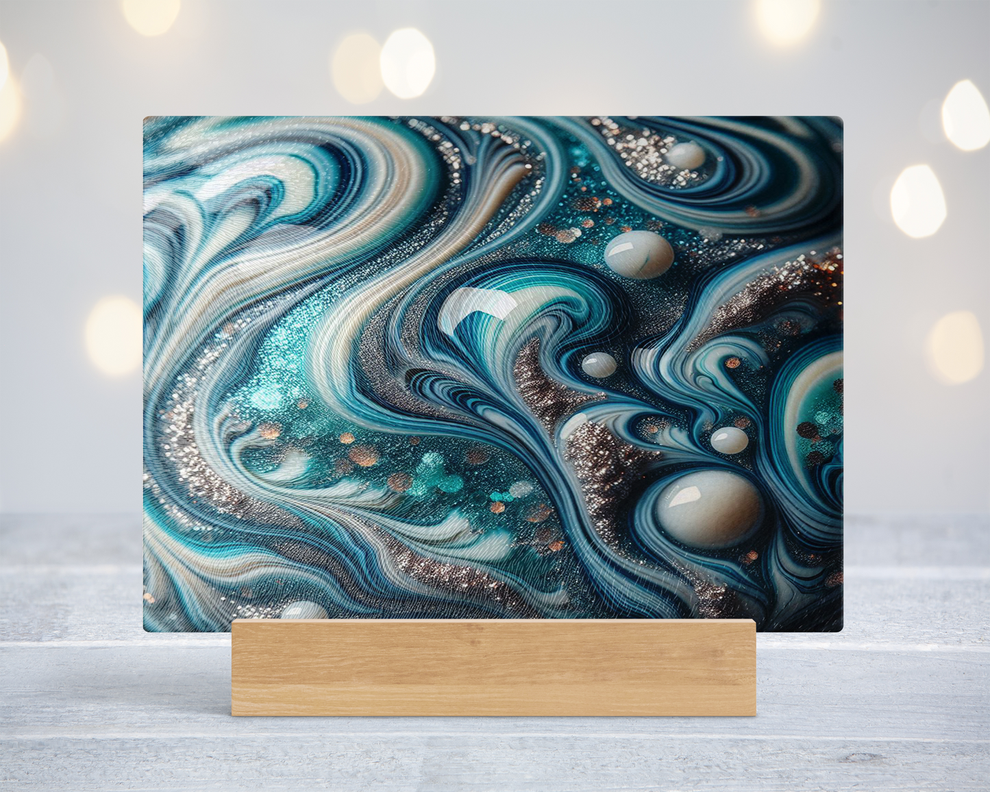 Tempered Glass Cutting Board with Teal White Silver Marble Agate Design