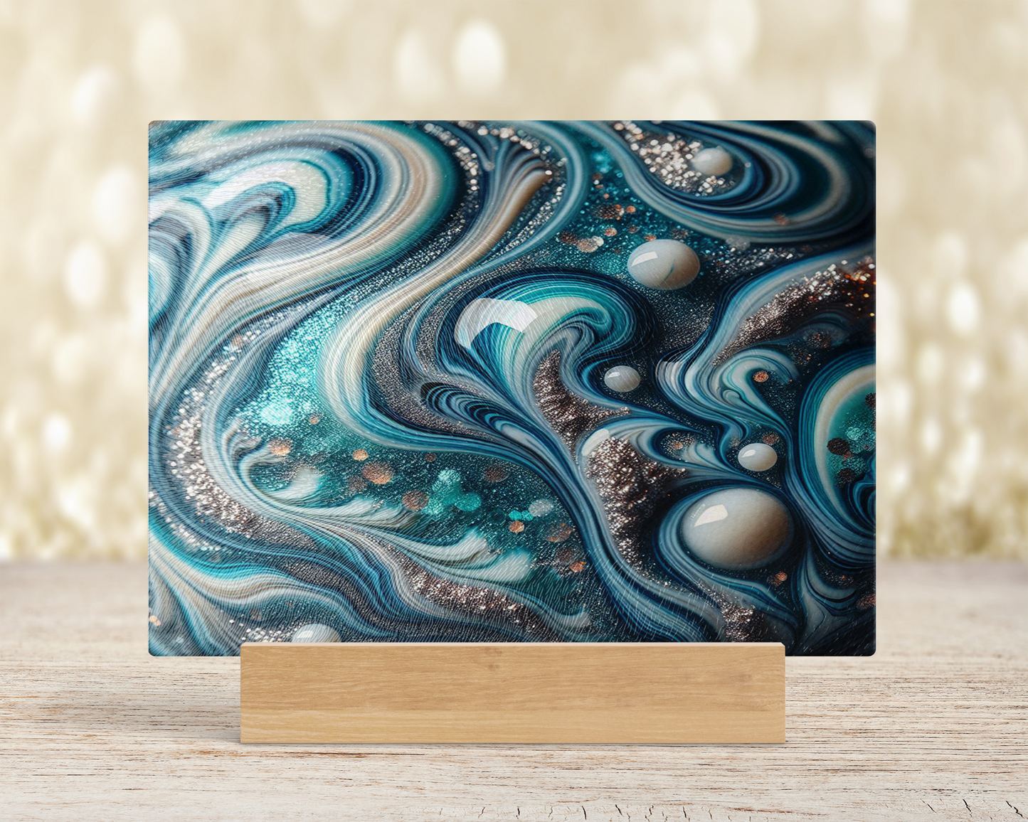 Tempered Glass Cutting Board with Teal White Silver Marble Agate Design