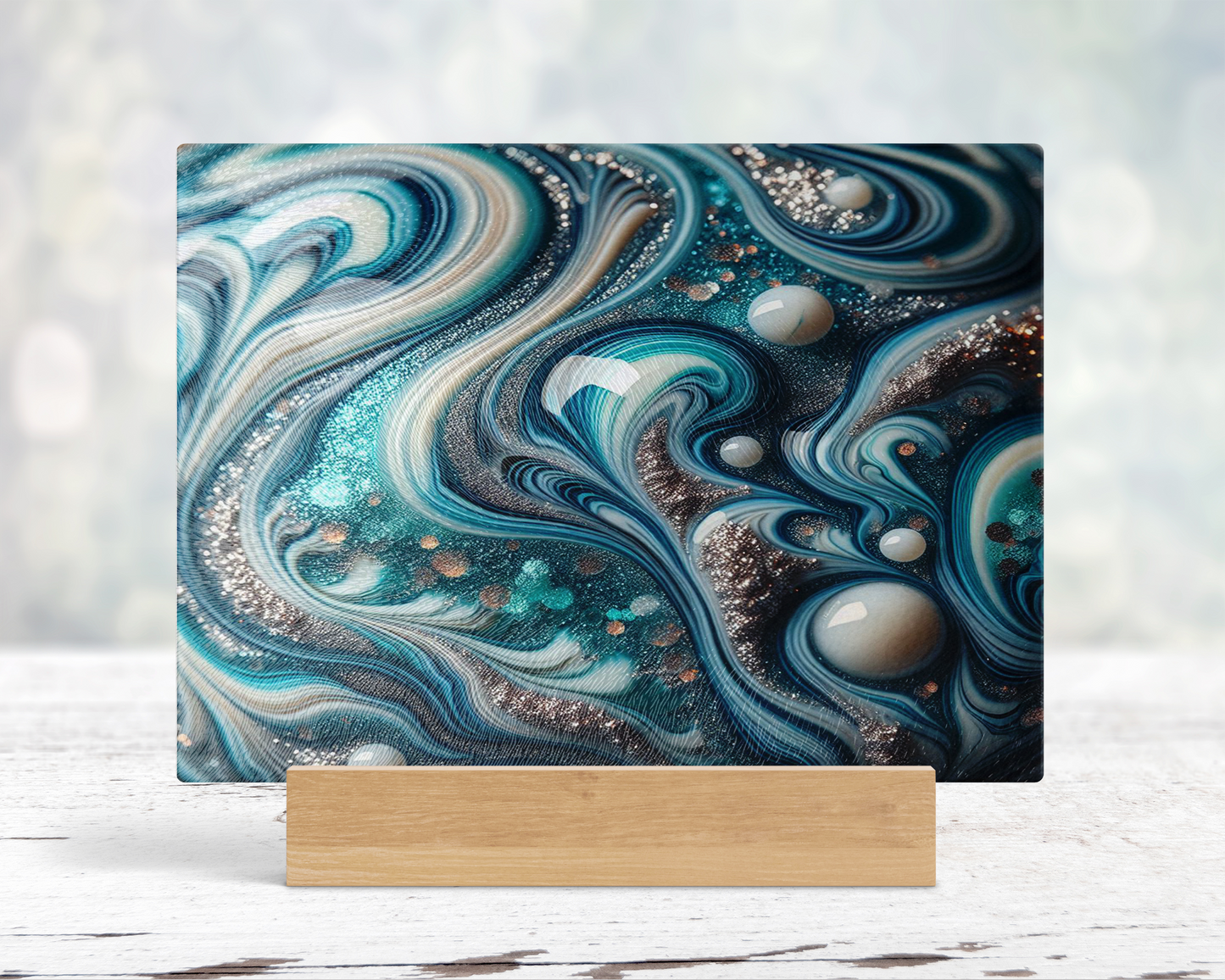 Tempered Glass Cutting Board with Teal White Silver Marble Agate Design