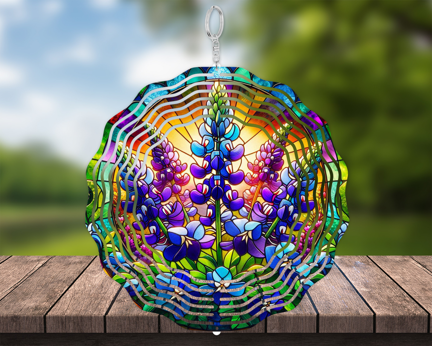 Texas Blue Bonnets Field Sunset Faux Stained Glass Wind Spinner